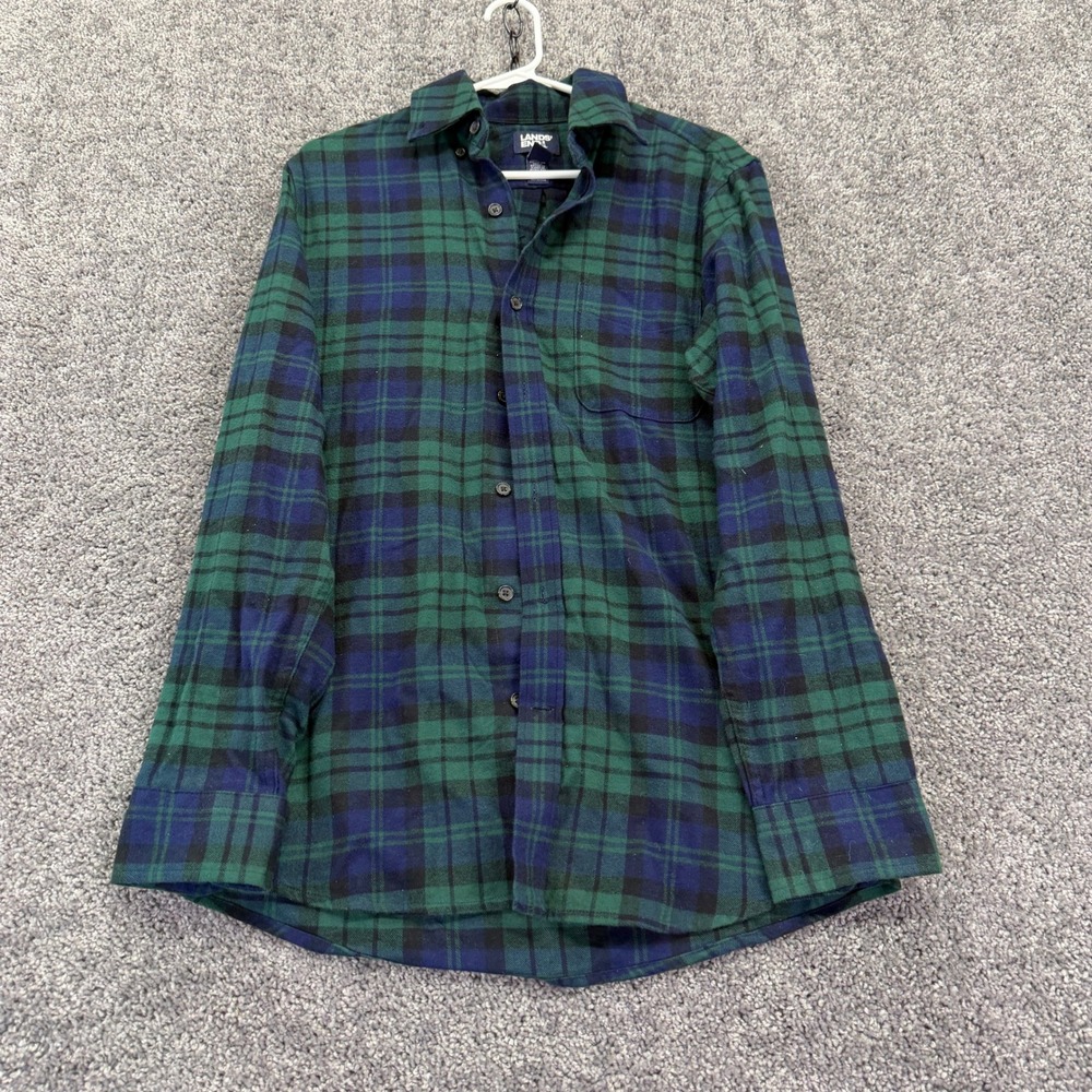 Lands End Flannel Shirt Mens Small Green Blue Black Plaid Traditional Fit Cotton